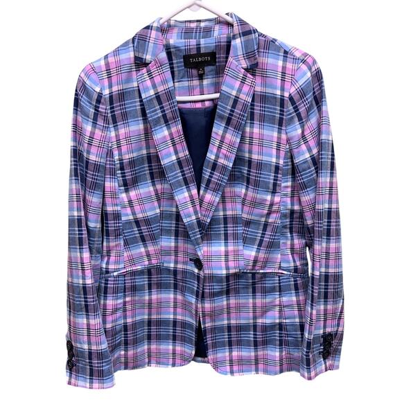 Talbots Blue Pink Plaid Linen Blend 1 Button Vented Back Blazer Jacket Size 4 - Picture 1 of 8